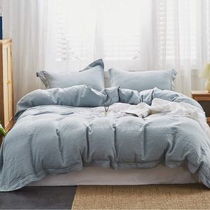 Dusty Blue Queen Oversized Linen Duvet Cover Set with Shams